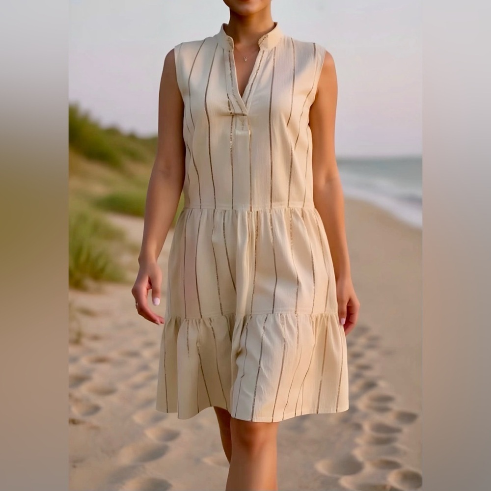 Casual Gold Metallic Striped Loose Relaxed Flowy Sleeveless Mini Summer Dress